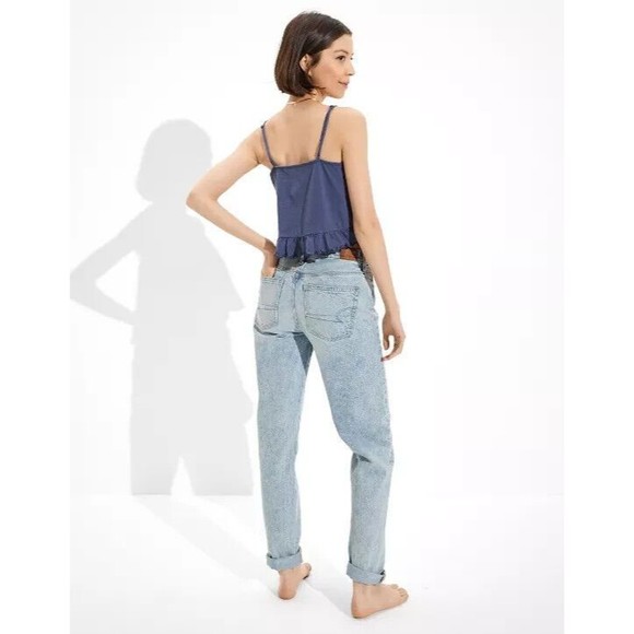 American Eagle Medium Slub Cropped Relaxed Cami Top Blue Ruffle Peplum Strappy - Picture 3 of 13